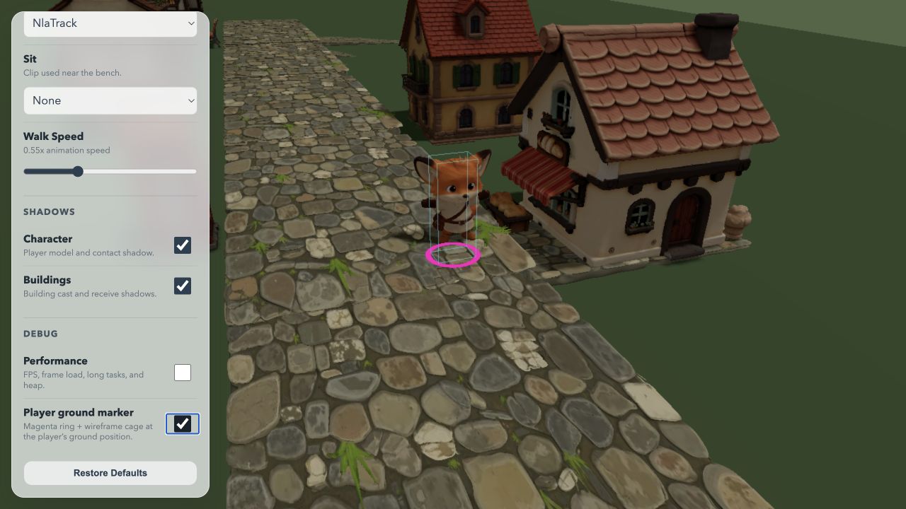 Foxy's animation, bounds, and grounding marker visible in Scene Lab