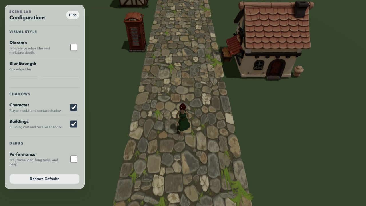 Scene Lab controls used to inspect the early portfolio scene