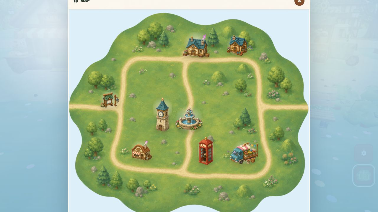 The full historical village map open before choosing the About destination