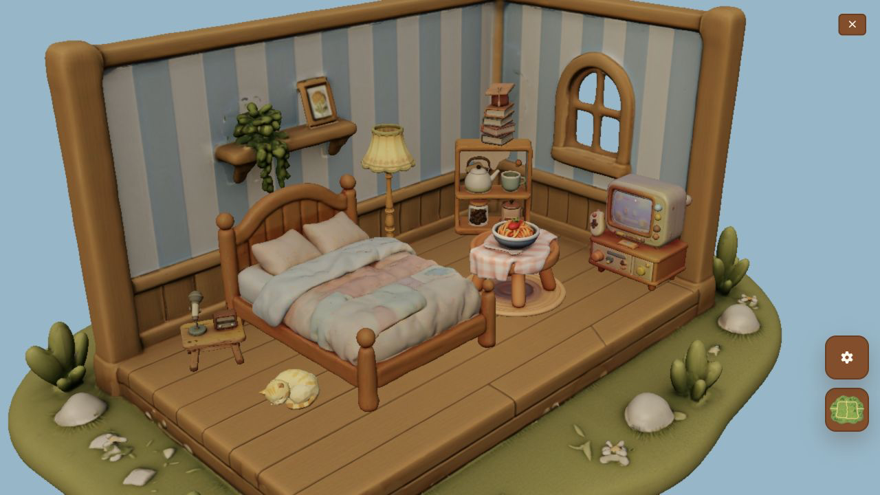 The historical About room with a bed, lamp, table, television, shelves, food, and a sleeping cat