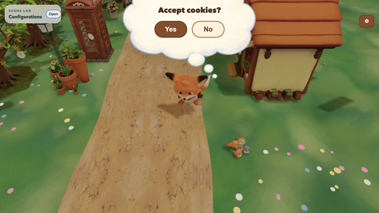 Foxy standing in the growing village beneath an oversized thought bubble asking whether to accept cookies
