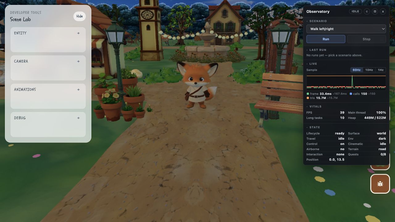 Image 12: The live village shown between Scene Lab and the Observatory, with a named scenario, frame graph, vitals, and application state visible