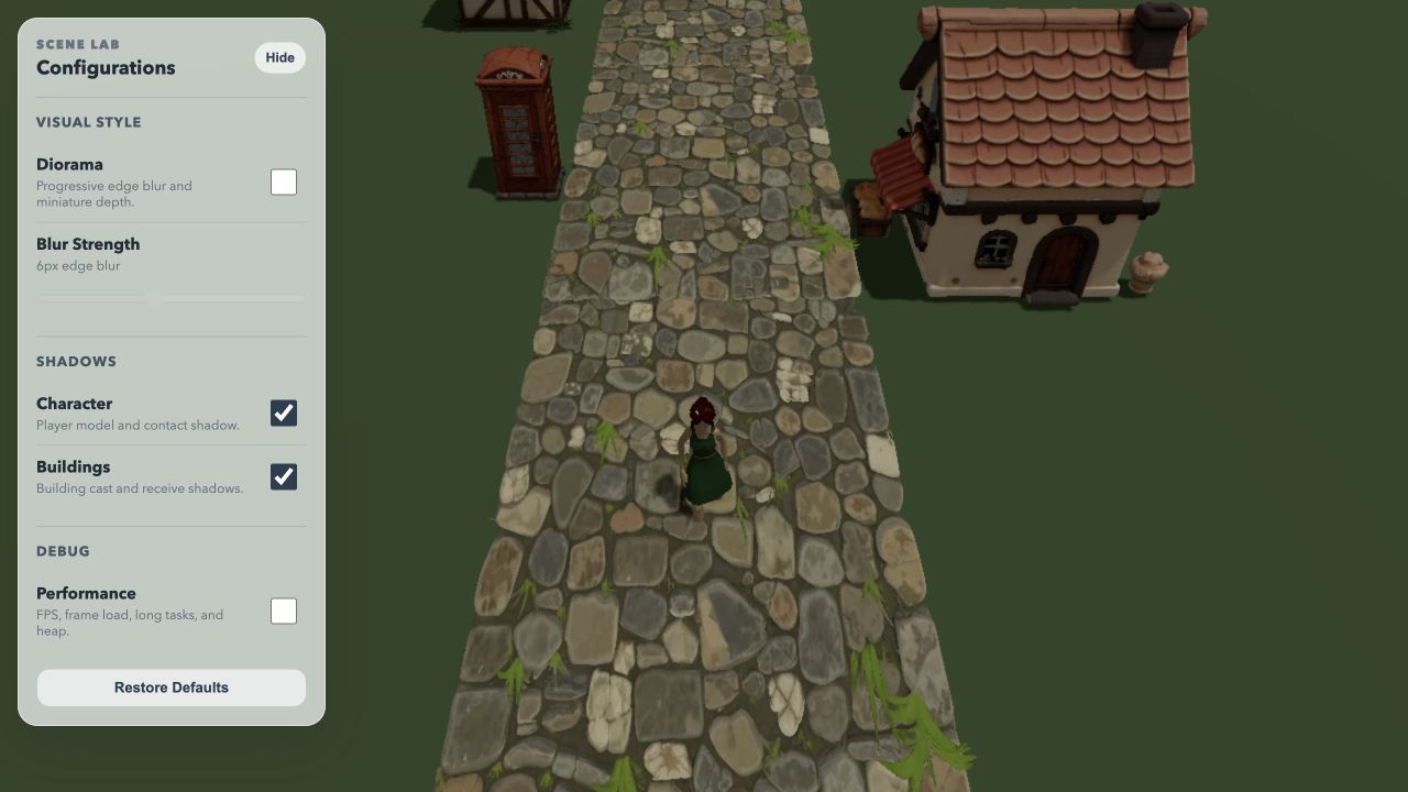 The Scene Lab revision with the diorama effect disabled, leaving the road and peripheral buildings uniformly sharp