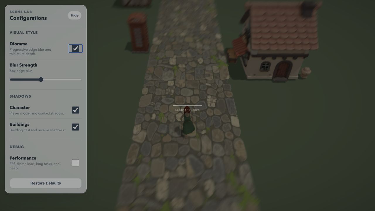 The same Scene Lab revision with a six-pixel diorama blur concentrating focus around the central character