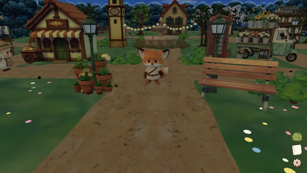 Foxy on the central path among buildings, flowers, props, a fountain, and portfolio destinations