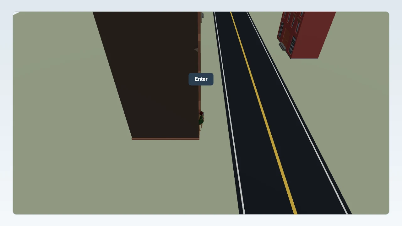 The human avatar stopped beside an early portfolio building with an Enter action visible
