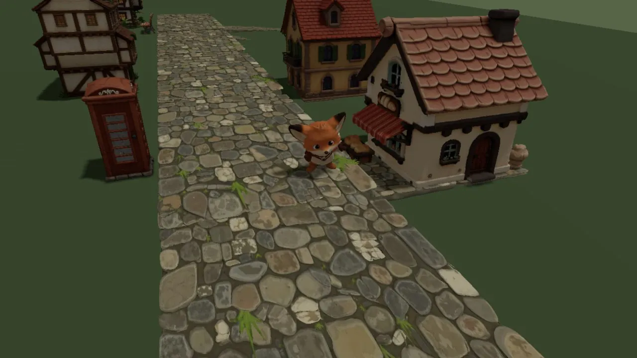 The first animated fox standing on the cobblestone road among the early building models