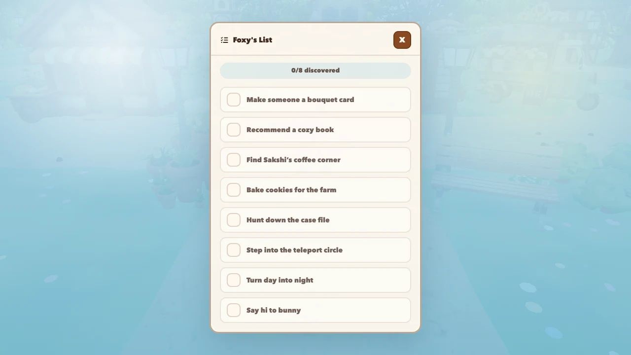 Image 9: Foxy's List open over the village with eight unchecked activities and zero discoveries recorded