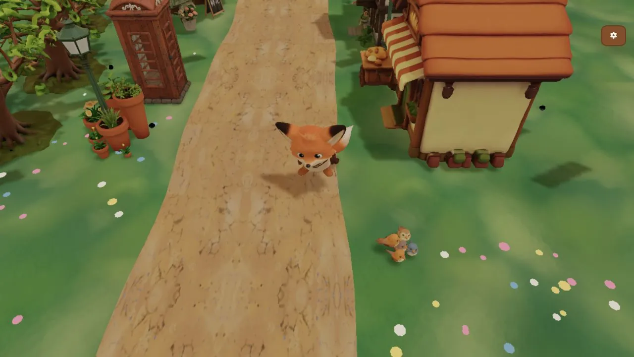The fox on a broad village path surrounded by cottages, flowers, props, and several destinations