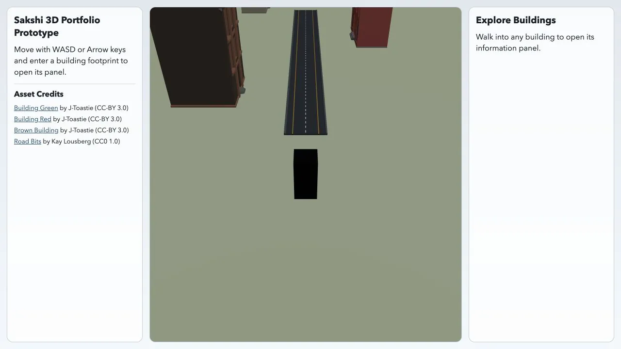 The first road prototype with a black rectangular avatar and three building destinations