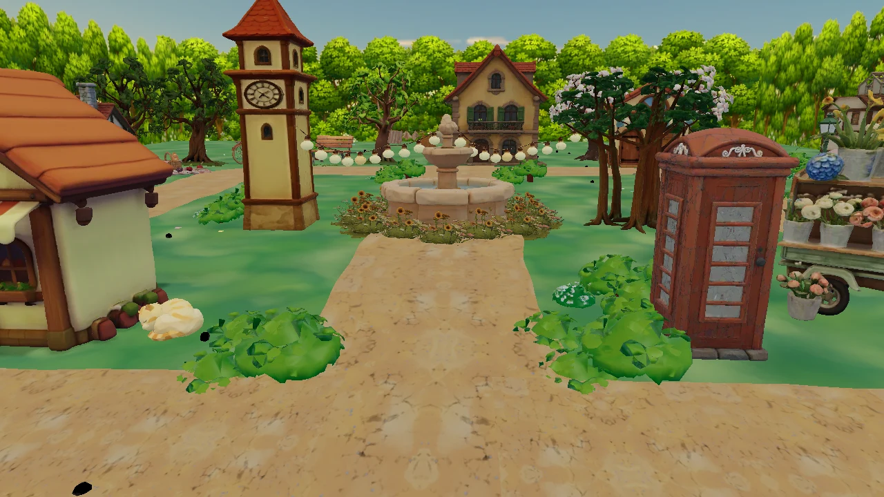 Image 10: An elevated view across the village during the fox's airborne arrival at the Fountain